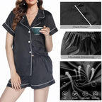 WJing Yi Jia Womens 3Pcs Floral Pajamas Sets Silk Satin Sleepwear XS~4XL Button Down Short Sleeve Shirt Pjs Loungewear