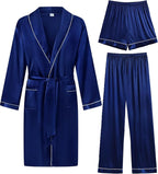SWOMOG Men's Satin Robe 3 Pcs Silky Kimono Bathrobe Set Lightweight Soft Loungewear Nightwear