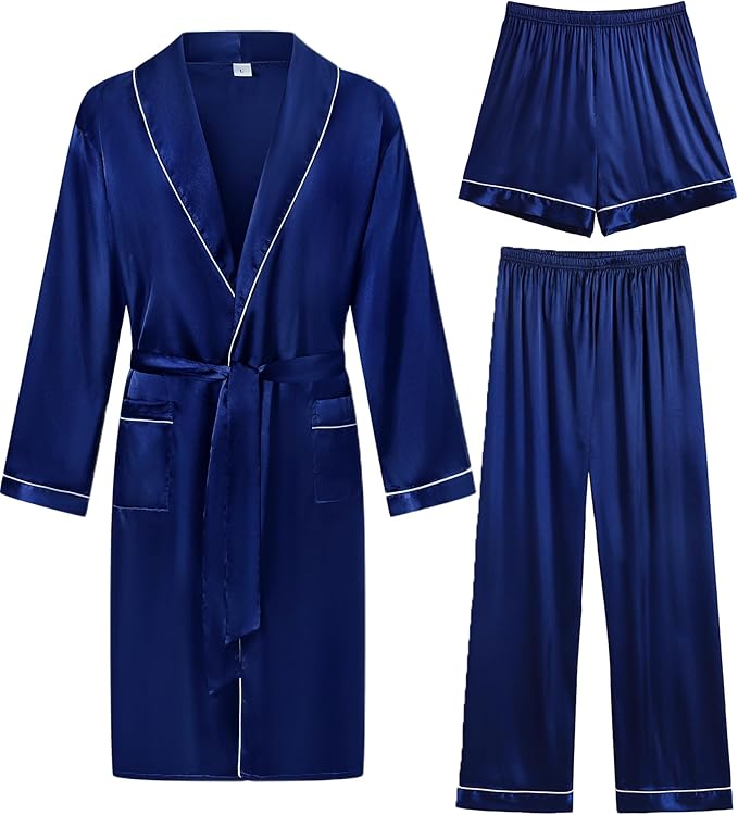 SWOMOG Men's Satin Robe 3 Pcs Silky Kimono Bathrobe Set Lightweight Soft Loungewear Nightwear