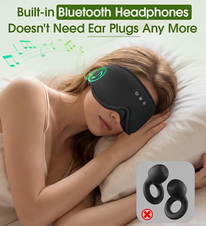 Bamboo Cotton Large Sleep Mask with Bluetooth Wireless Headphones - Blackout Eye Mask for Sleeping 3D Contoured Sleep Headband Ear Muffs Lengthen & Low Noise Hook for Better Experience (Black)
