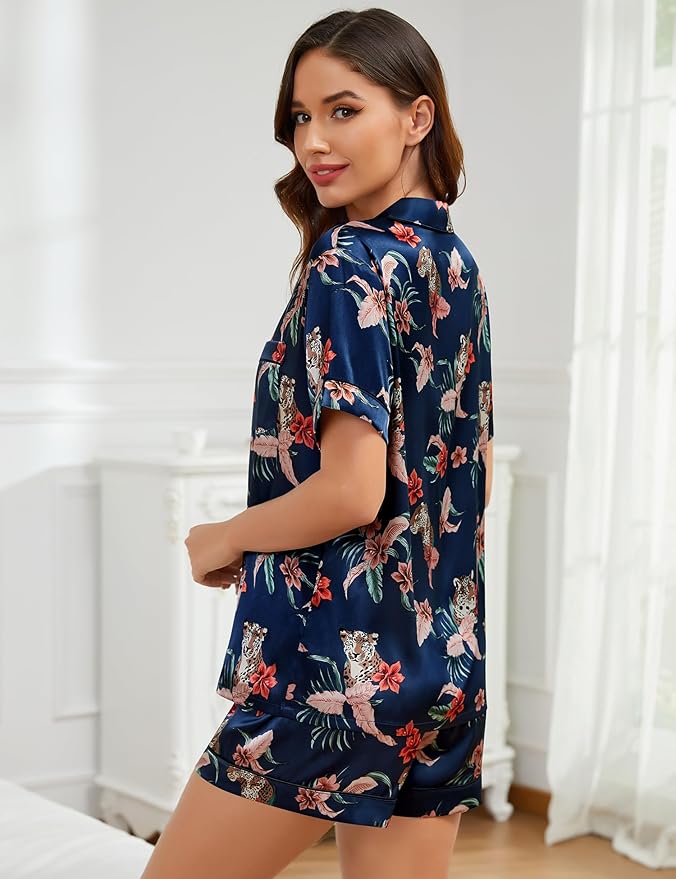 LecGee Womens Silk Satin Pajamas Short Sleeve Loungewear Two-Piece Sleepwear Button-Down Pj Set