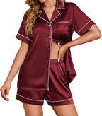 Ekouaer Womens Satin Silk Pajamas Set Short Sleeve Sleepwear Button Down Top and Shorts Loungewear 2 Piece Pjs Set S-XXL