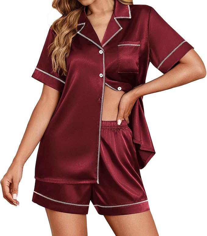Ekouaer Womens Satin Silk Pajamas Set Short Sleeve Sleepwear Button Down Top and Shorts Loungewear 2 Piece Pjs Set S-XXL