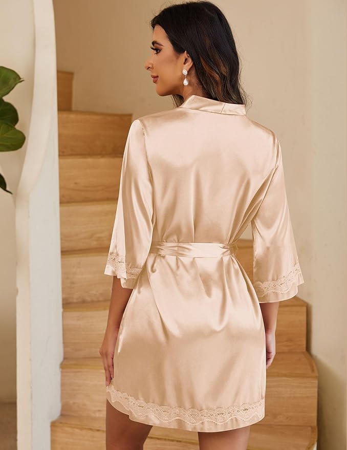 Ekouaer Women's Lace-Trim Silk Robes Bride Bridesmaid Kimono Satin Bathrobe V Neck Sleepwear with 3/4 Sleeve