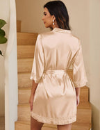 Ekouaer Women's Lace-Trim Silk Robes Bride Bridesmaid Kimono Satin Bathrobe V Neck Sleepwear with 3/4 Sleeve
