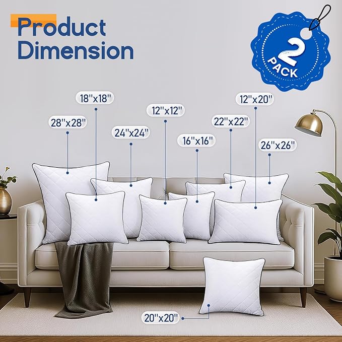 1 MIDDLE ONE Throw Pillows (Pack of 2, White), 18 x 18 Inches Decorative Pillow Insert for Couch, Sofa and Bed, Memory Foam Indoor Square Pillow Forms Stuffer