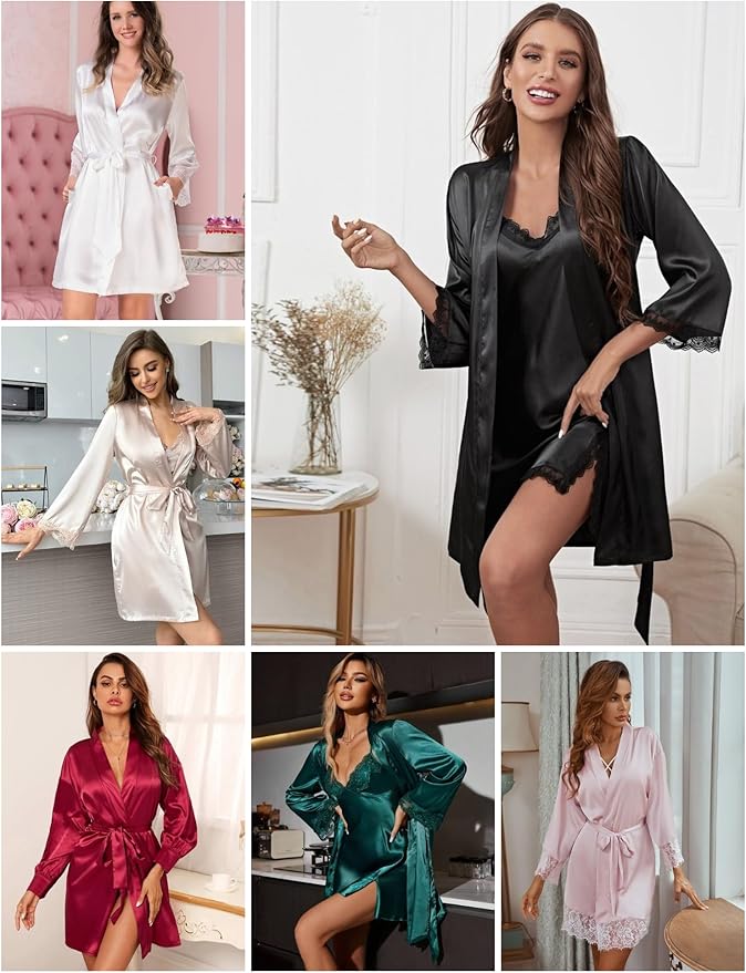 SWOMOG Women's Satin Robe Set 2 Piece Sexy Pajamas Sets Lace Cami Nightgown and Silk Robes Nightwear