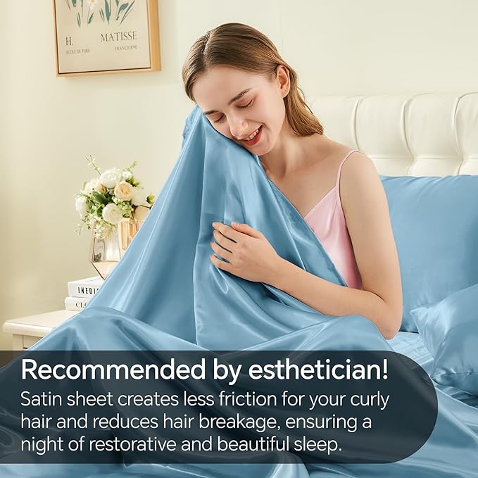 BEDELITE California King Sheets Set, Luxury Soft Airy Blue Satin Sheets for Hair and Skin, Similar to Silk Bed Sheets Set 4 Pieces with 1 Deep Pocket Fitted Sheet, 1 Flat Sheet, and 2 Pillowcases