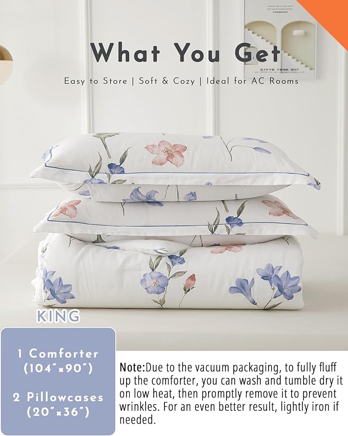 ALEISSEL Natural Cotton 3pcs Floral Comforter Sets King Size - White Comfoter with Blush,Blue & Beige Floral Prints, Neutural Refresh Lightweight Bedding Sets(King 104"×90")