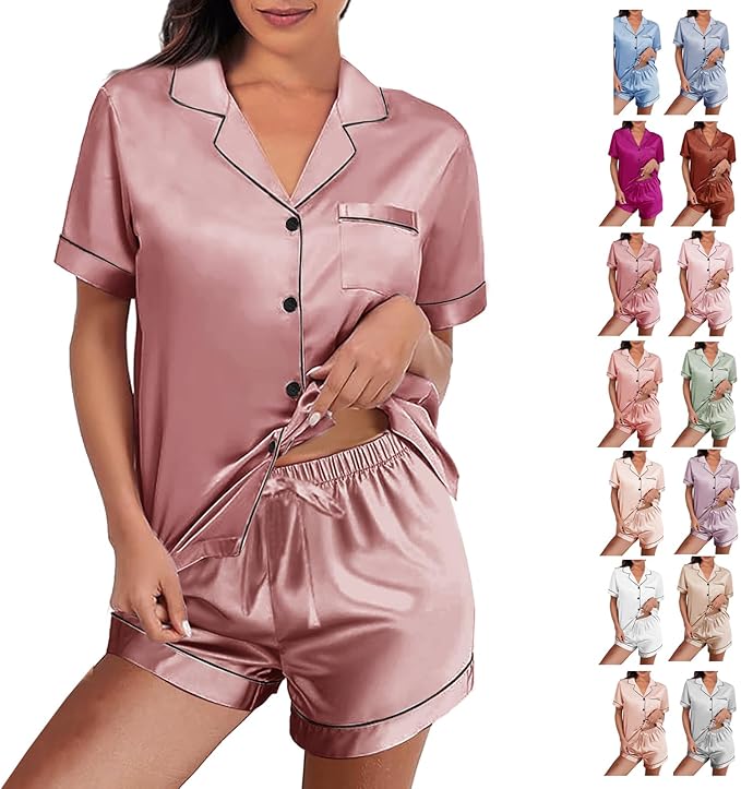 WJing Yi Jia Womens Silk Satin Pajamas Loungewear Two-Piece Sleepwear Button-Down Floral Pj Set XS-4XL