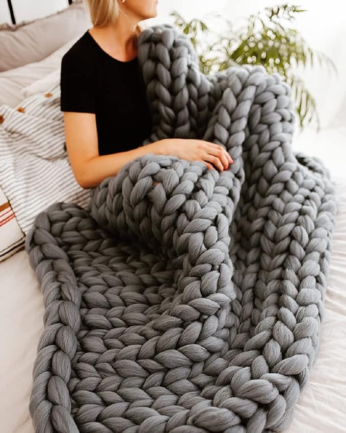 Boho Throw Blanket - Chunky Knit Blanket Full Size Blanket for Adult 54x75 Blue, Boho Blanket Bed Decor, Knit Blanket for Couch, Birthday Gift for Women, Ideas (Blue, 54"x75")