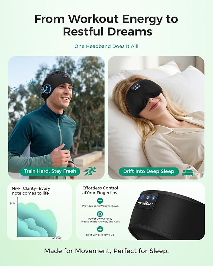 MUSICOZY 2 Packs Sleep Headphones Bluetooth Mask, Eye Masks with Headband, Sleeping Headphones for Side Sleepers Headband and Sleep Mask with Bluetooth Headphone Perfect for Sleeping(Classic Black)