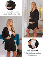 Ekouaer Satin Nightgowns for Women Silk Sleepwear Button Down Sleepshirt 3/4 Sleeve V-Neck Nightshirts with Pockets