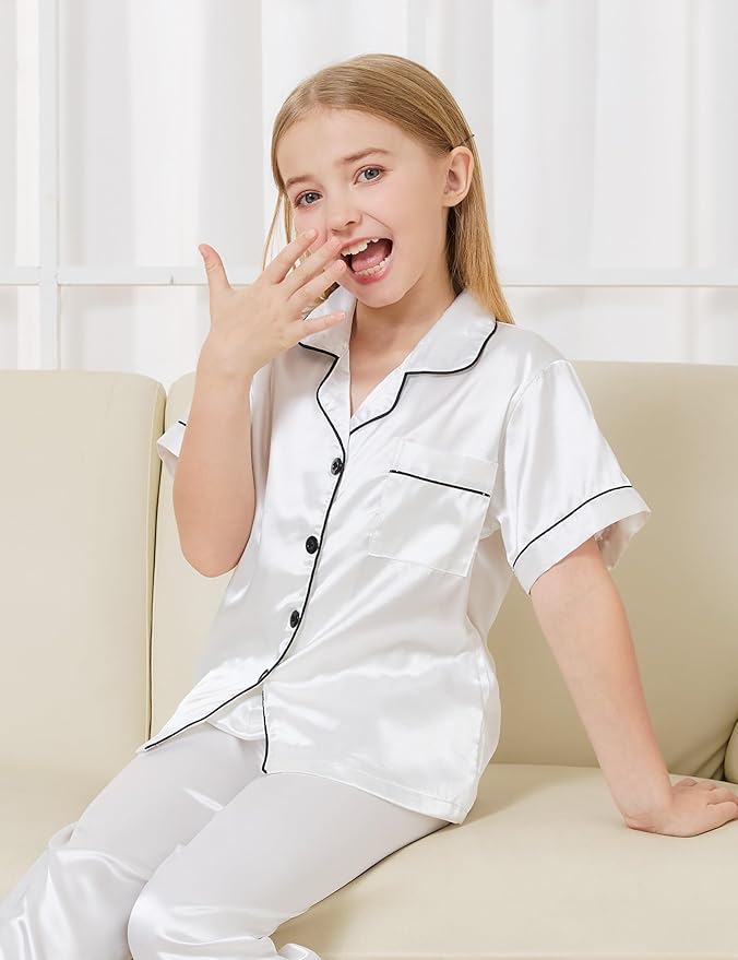DIPUG 3 Piece Girls Silk Pajamas Set Soft Satin PJs Sleepwear for Comfortable Nights