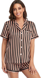 Serenedelicacy Women's Satin Pajama Set 2-Piece Sleepwear Loungewear Button Down Short Sleeve Silky PJ Set