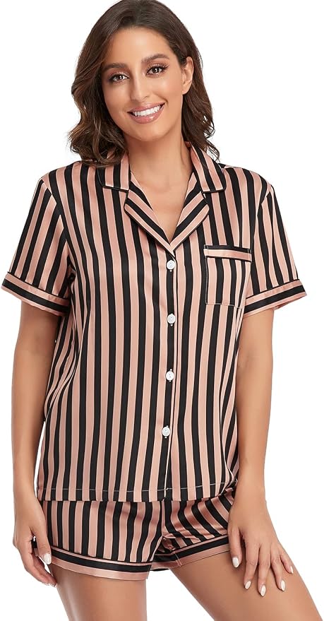 Serenedelicacy Women's Satin Pajama Set 2-Piece Sleepwear Loungewear Button Down Short Sleeve Silky PJ Set