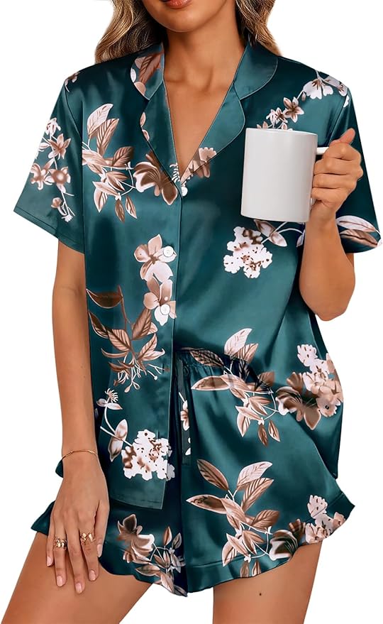 LILLUSORY Womens Satin Silk Pajamas Set 2 Piece Ruffle Pjs Winter Matching Lounge Sleepwear Button Down Striped Shirt Shorts