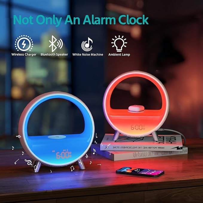 MOMILLA Sunrise Alarm Clock with 15W Wireless Charging Station, Bluetooth Speaker & White Noise Machine - Wake Up Light with Layered Ambient Glow, Sunset Sleep Aid, Zen Gifts for Women, Adults, Teens