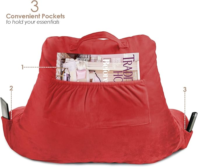 Clara Clark Reading Pillow for Kids & Teens with Shredded Memory Foam, Backrest Pillows for Reading, Watching, and Gaming, Use on The Couch, Bed, or Floor, Adjustable Support, Washable Cover Red