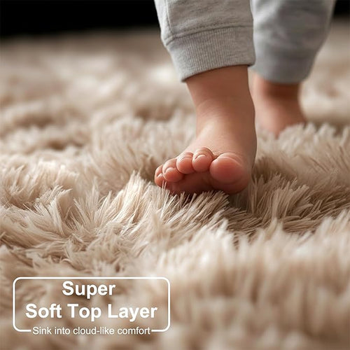 Amdrebio Tie-Dyed Beige Tan Area Rugs for Bedroom Kids Room, 5x7 Cute Fluffy Plush Shaggy Rug for Living Room Decor Aesthetic, Soft Furry Fuzzy Neutral Carpet for Baby Nursery Playroom Preppy Dorm