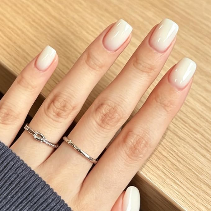 Modelones Milky White Press on Nails, Spring Short Square Fake Nails, Reusable Nail Kit with Nail Glue Adhesive Tabs Mini Nail File, Nails Press Ons 32Pcs16 Sizes, Women Girl Gift