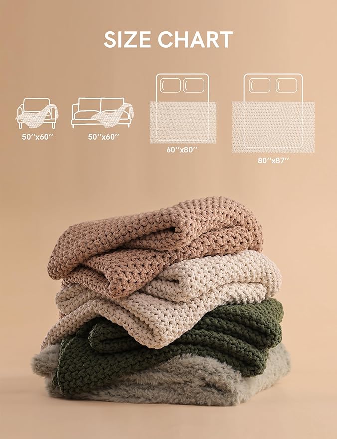 YnM Chunky Cotton Knit Throw Blanket, Cable Knit Throws for Bed Couch Sofa, Comfy & Relaxing, Decorative Piece for Farmhouse Modern Boho Rustic Scandinavian Chic Vibe, Beige 40x50 Inches