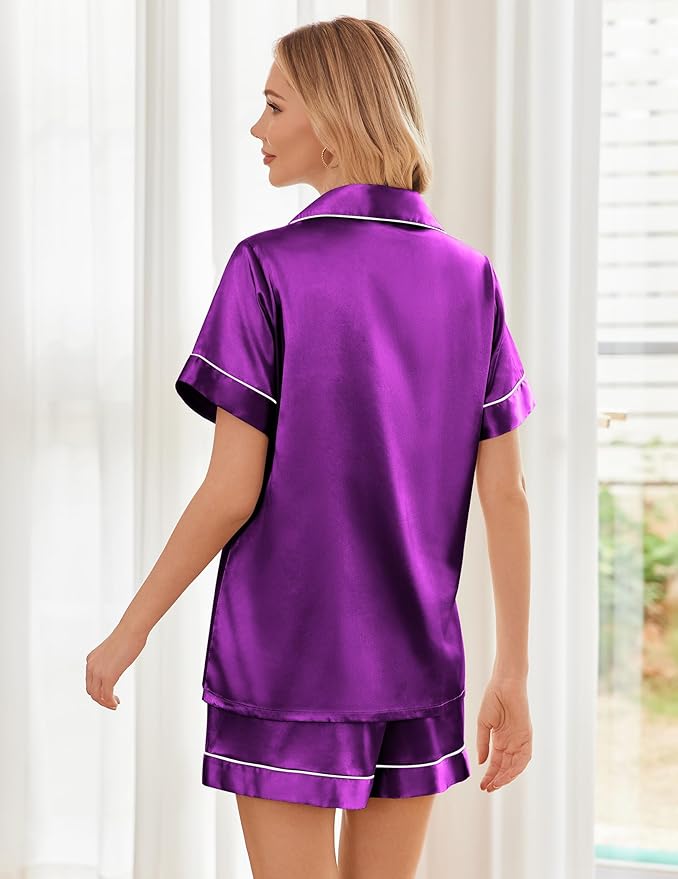 Ekouaer Womens Silk Satin Pajama Sets Soft Short Sleeve Button Down Sleepwear Top and Shorts 2 Piece Pjs Lounge Set