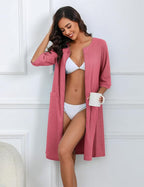 Ekouaer Women Zipper Robes Knee Length Waffle Knit Bathrobe Lightweight House Coat with Pockets 3/4 Sleeves Loungewear S-3XL
