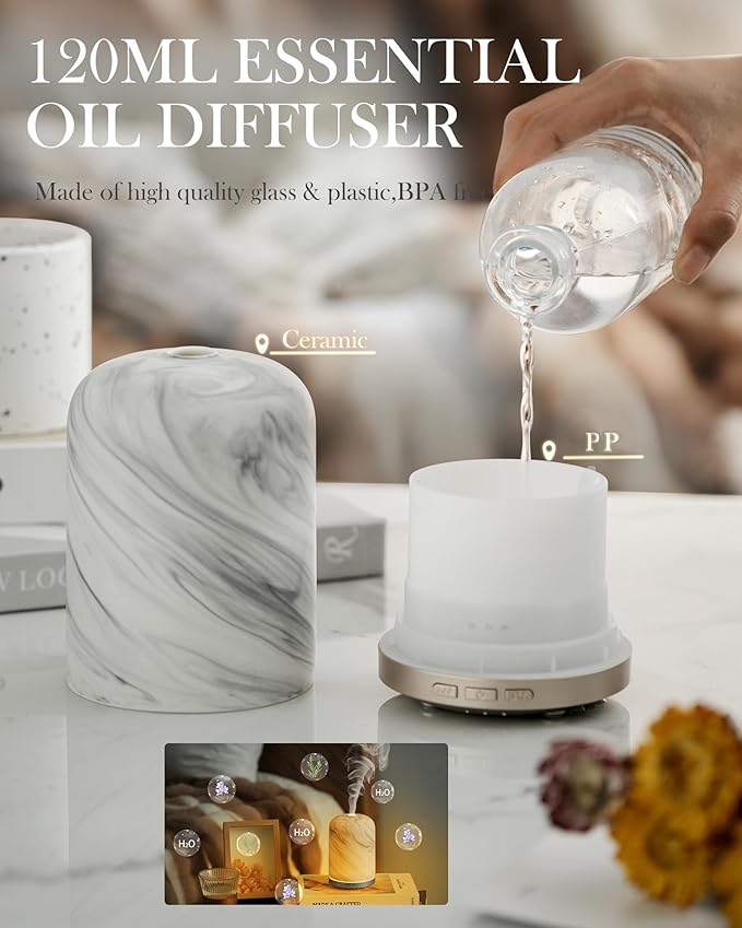 Onaboviva Essential Oil Diffuser - 2.4MHz Ultrasonic Ceramic Diffuser for Home, 120ml, Pulse&Continuous Mist, Bright/Dim/Breathing Lighting, Waterless Auto-Off, Aromatherapy Diffuser with USB Cable