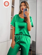 Ekouaer Womens Satin Silky Pajama Set Short Sleeve Shirt with Long Pajama Pant Set Soft PJ Loungewear