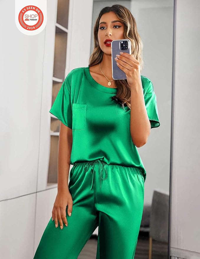 Ekouaer Womens Satin Silky Pajama Set Short Sleeve Shirt with Long Pajama Pant Set Soft PJ Loungewear