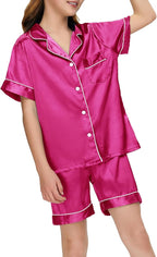 EPLAZA Kids Satin Pajamas Sets Girls Boys Button-Down Silky Pajamas Sleepwear with Hairband Eye Mask Hair Tie