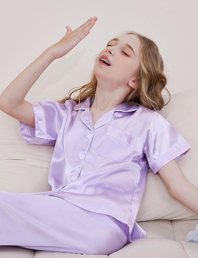 DIPUG 3 Piece Girls Silk Pajamas Set Soft Satin PJs Sleepwear for Comfortable Nights