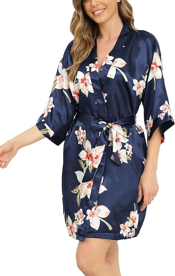 Women's Floral Satin Robes Bride Bridesmaid Getting Ready Robe Short Silky Kimono Sleepwear for Wedding Party