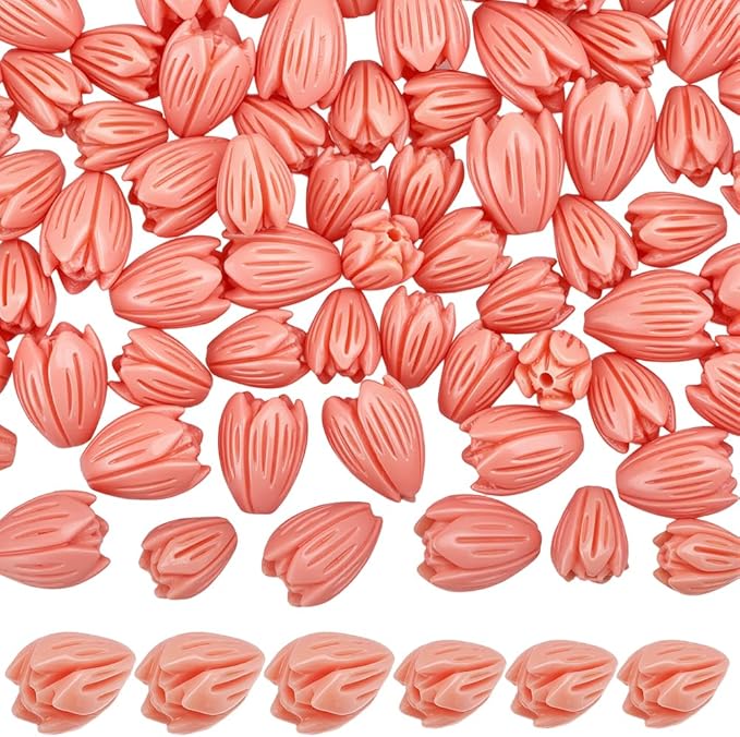 100Pcs 9mm 11mm Pikake Flower Beads Carved Coral Beads Summer Pink Jasmine Small Artificial Floral Dyed Synthetic Coral Smooth Loose Spacers Findings for Jewelry Making Bracelet Necklace DIY