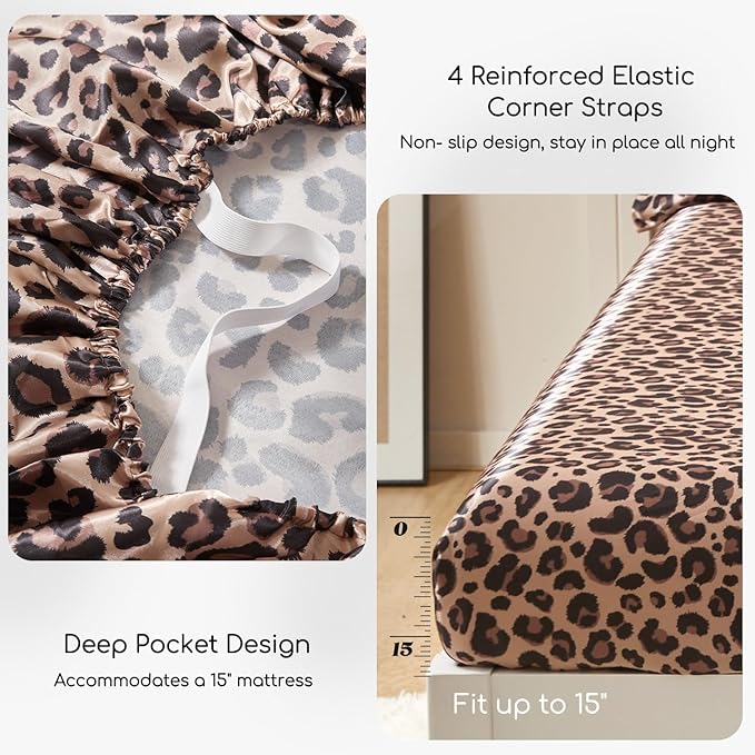 MR&HM Satin Bed Sheets with Elastic Corner Straps, Full Size Sheets Set, 4 Pcs Silky Bedding Set with 15 Inches Deep Pocket for Mattress (Full, Brown Leopard)