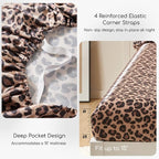 MR&HM Satin Bed Sheets with Elastic Corner Straps, Queen Size Sheets Set, 4 Pcs Silky Bedding Set with 15 Inches Deep Pocket for Mattress (Queen, Brown Leopard)