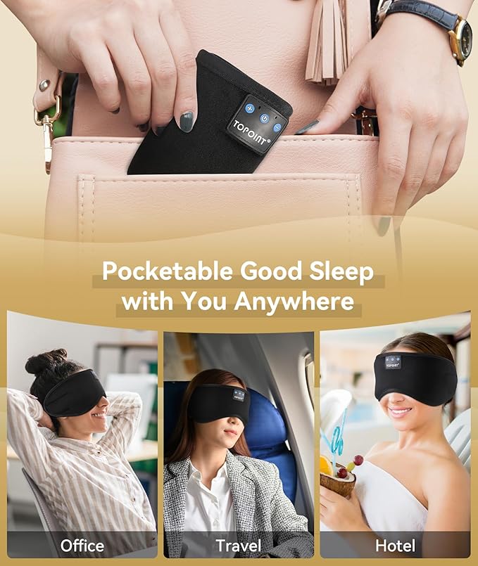 TOPOINT Sleep Headphones, Bluetooth Sleep Mask with Bluetooth Headphones Cotton Sleeping Headphones Bluetooth Eye Mask with Microphone Hands Free Light Blackout for Side Sleepers Father's Day Gift