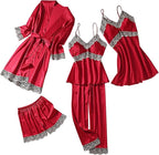 Women's 4pcs Silk Satin Pajamas Set Floral Lace Trim Dress with Robe Lounge Sleepwear Nightdress Novelty Loungewear
