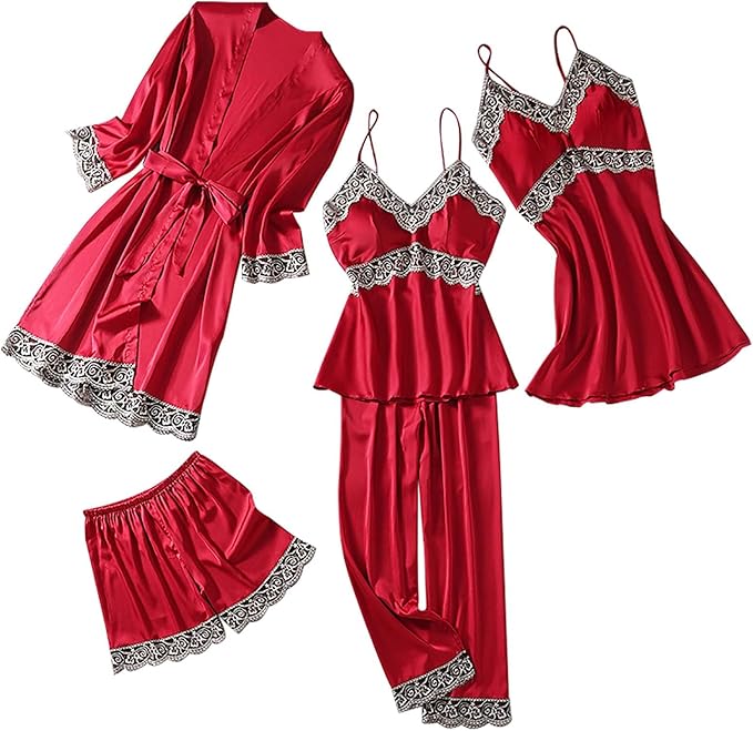Women's 4pcs Silk Satin Pajamas Set Floral Lace Trim Dress with Robe Lounge Sleepwear Nightdress Novelty Loungewear