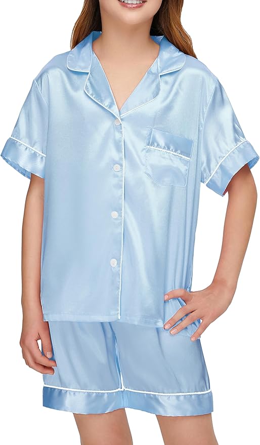 EPLAZA Kids Satin Pajamas Sets Girls Boys Button-Down Silky Pajamas Sleepwear with Hairband Eye Mask Hair Tie