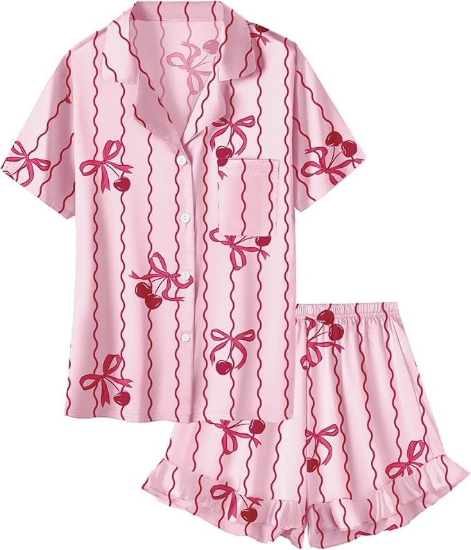 Umeyda Girls & Women Satin Pajamas Set Button Down 2 Piece Silk Pjs Shorts Set Ruffle Sleepwear, 5 Years-Women L