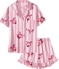 Umeyda Girls & Women Satin Pajamas Set Button Down 2 Piece Silk Pjs Shorts Set Ruffle Sleepwear, 5 Years-Women L