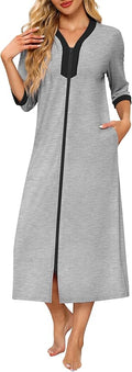 Ekouaer Women's Zipper Robe 3/4 Sleeves Housecoat Full Length Nightgown Soft Loungewear Robe with Pockets S-3XL