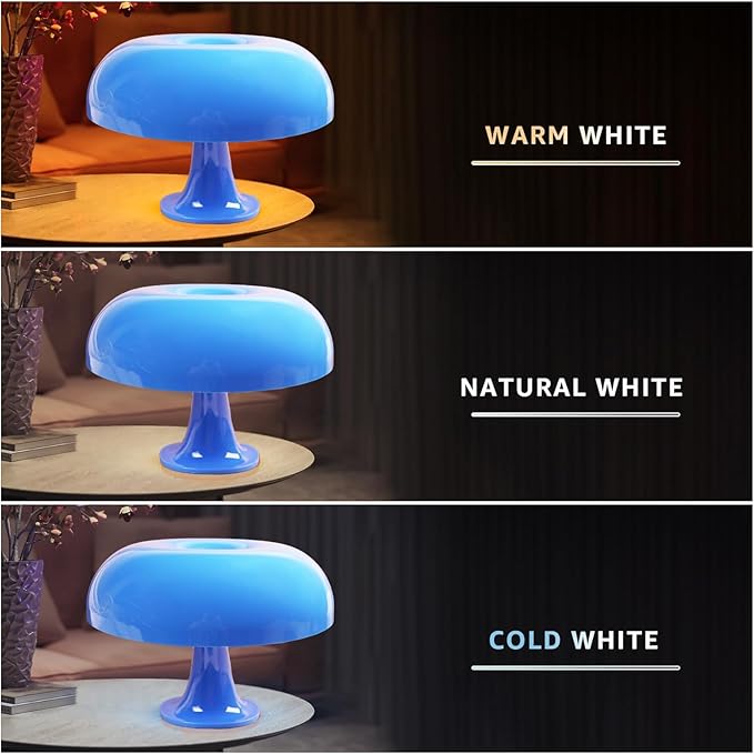 25W Blue Mushroom Lamp, LED Retro Table Lamp with 3 Color Temperatures and 4 Bulbs, Mid Century Modern Nightstand Light for Bedroom, Living Room, Office Aesthetic Decor, US Plug Powered, E14 Sockets