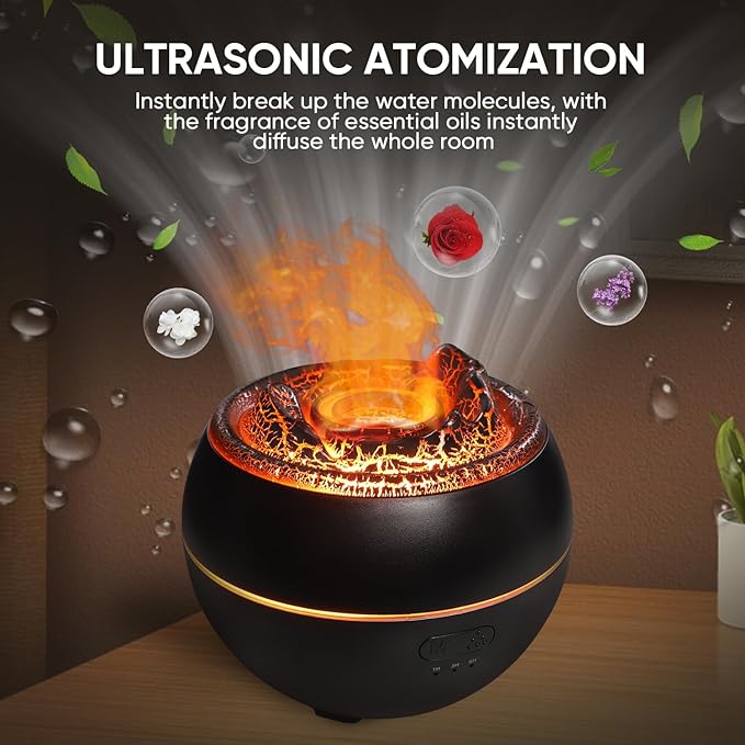 YALEDI Essential Oil Diffuser, Volcano Fire Flame Aromatherapy Diffuser, 360ml Ultrasonic Cool Mist Humidifier, Scent Aroma Diffuser with 7 Colors Light, Timer & Auto Shut-Off for Home, Room (Black)