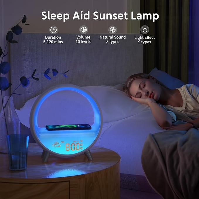 MOMILLA Smart Sunrise Alarm Clock with Wireless Charging, Wake up Light w/Bluetooth Speaker, APP Control White Noise Sound Machine, Compatible with Airpods/iPhone, Alarm Clocks for Bedrooms Adults