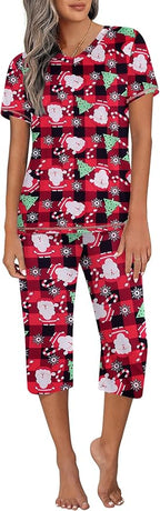 Ekouaer Women's Sleepwear Capri Pajama Sets Short Sleeve Two-Piece Pjs V Neck Tops & Capri Pants with Pockets S-3XL