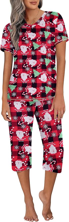 Ekouaer Women's Sleepwear Capri Pajama Sets Short Sleeve Two-Piece Pjs V Neck Tops & Capri Pants with Pockets S-3XL