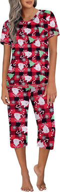 Ekouaer Women's Sleepwear Capri Pajama Sets Short Sleeve Two-Piece Pjs V Neck Tops & Capri Pants with Pockets S-3XL